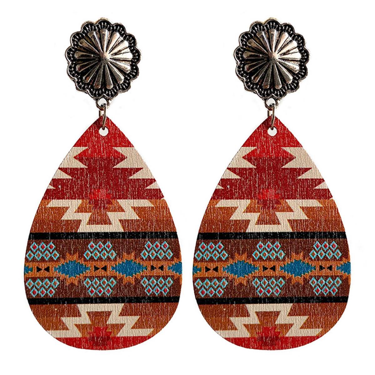 Red & Brown Wood Geometric Teardrop Earrings