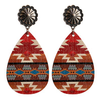 Red & Brown Wood Geometric Teardrop Earrings