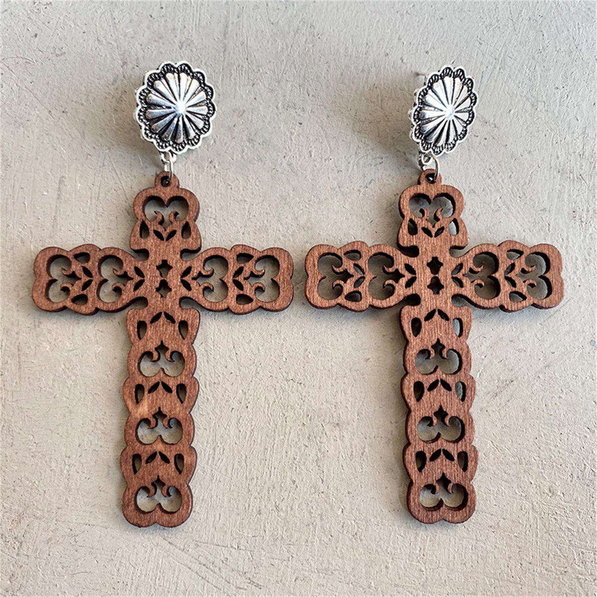 Wood and Silver-Plated Heart Cutout Cross Drop Earrings, silver drop earrings for women, elegant gift for her, side view