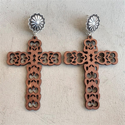 Wood and Silver-Plated Heart Cutout Cross Drop Earrings, silver drop earrings for women, elegant gift for her, side view
