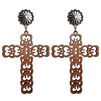 Wood and Silver-Plated Heart Cutout Cross Drop Earrings, silver drop earrings for women, elegant gift for her, front view