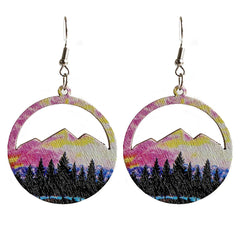 Pink & Blue Wood Winter Mountain Cutout Drop Earrings