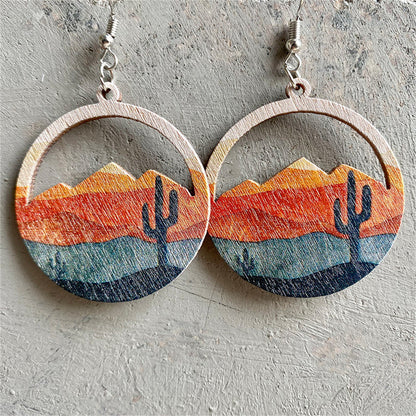 Red Wood and Silver-Plated Cactus Desert Round Earrings, silver drop earrings for women, elegant gift for her, front view