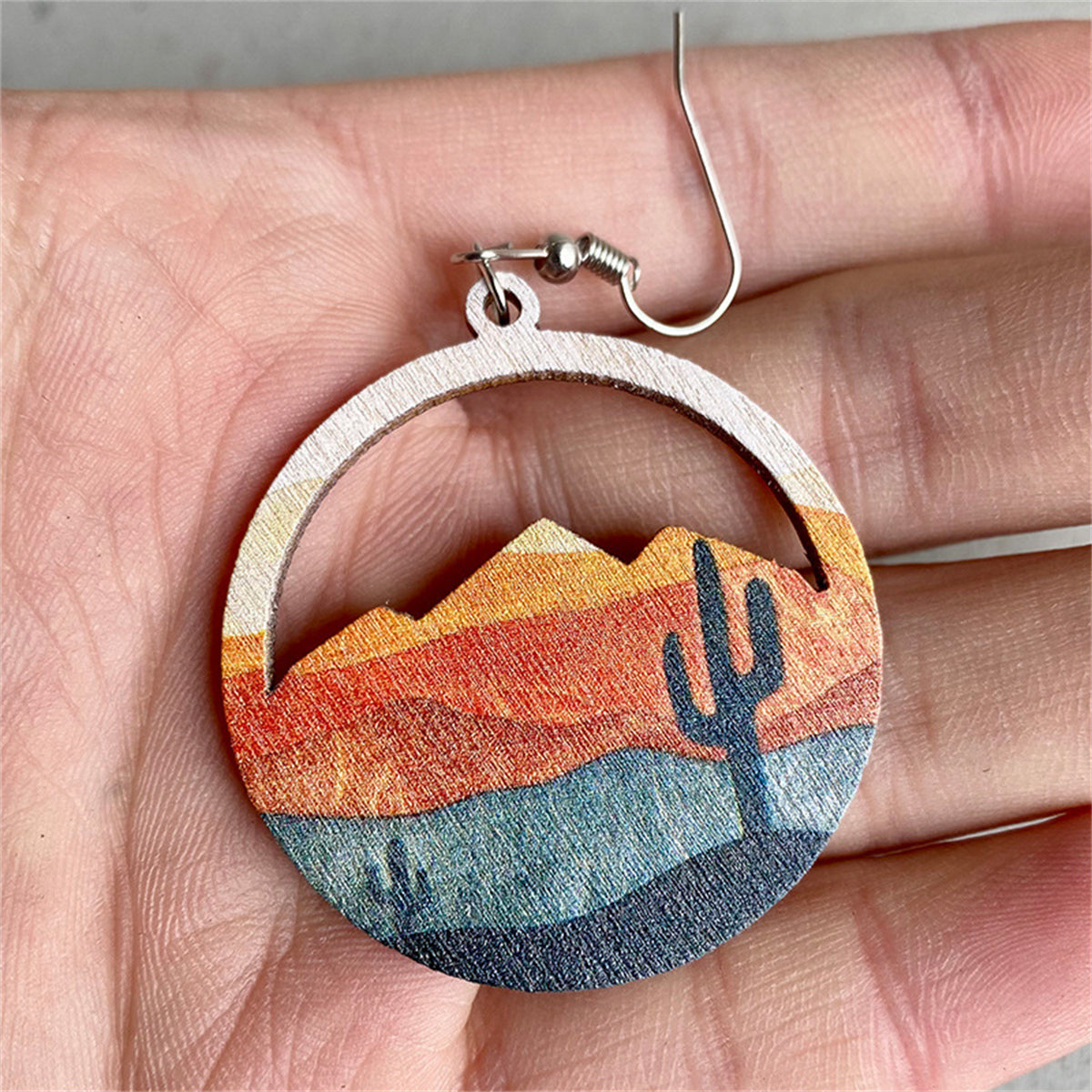 Red Wood and Silver-Plated Cactus Desert Round Earrings, silver drop earrings for women, elegant gift for her, side view