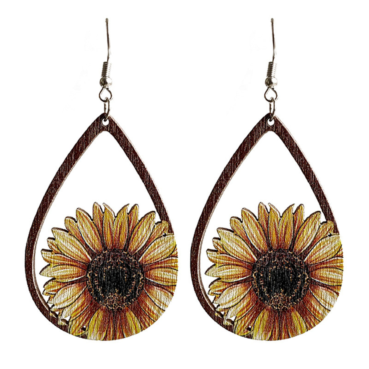 Yellow Wood Sunflower Drop Earrings