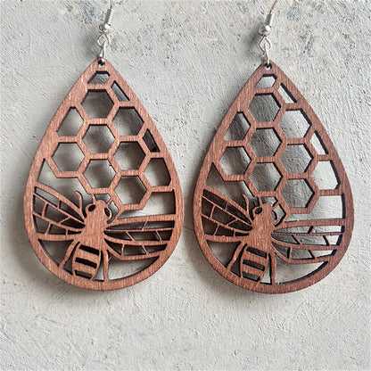Wood and Silver-Plated Honeycomb Bee Teardrop Earrings, silver drop earrings for women, botanical inspired, detail close-up