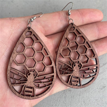 Wood and Silver-Plated Honeycomb Bee Teardrop Earrings, silver drop earrings for women, botanical inspired, front view