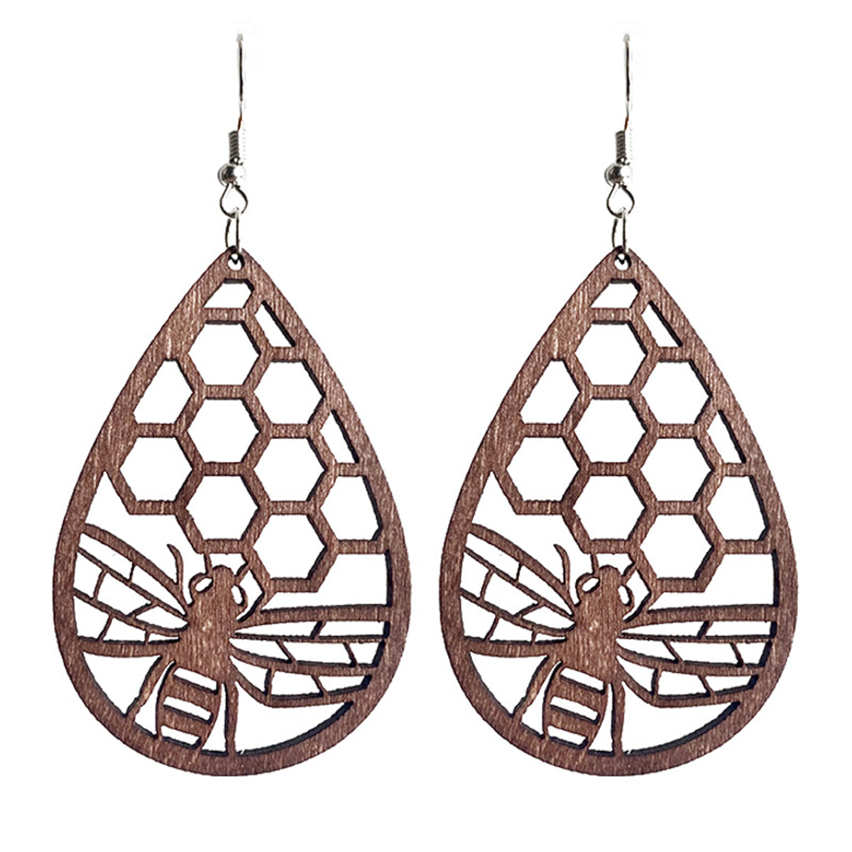 Wood and Silver-Plated Honeycomb Bee Teardrop Earrings, silver drop earrings for women, botanical inspired, side view