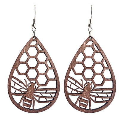 Wood and Silver-Plated Honeycomb Bee Teardrop Earrings, silver drop earrings for women, botanical inspired, side view