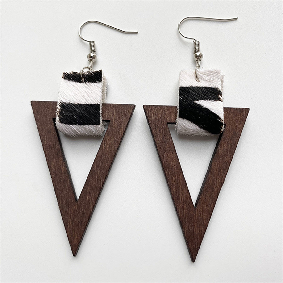 Brown Wood & Polystyrene Silver-Plated Zebra Triangle Drop Earrings