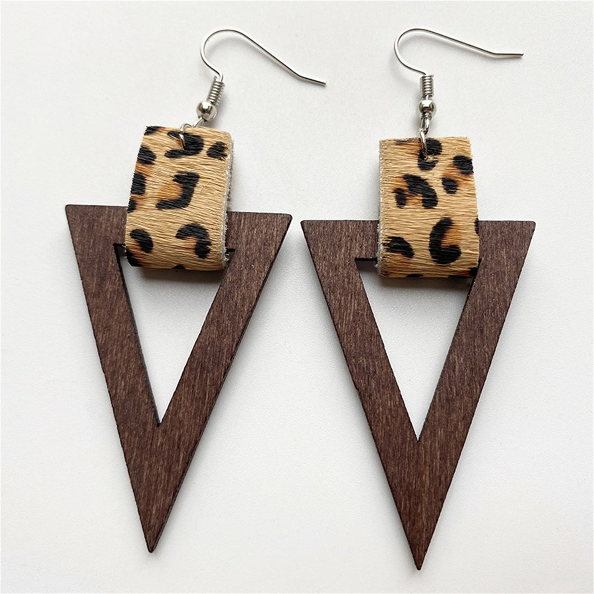 Brown Wood Leopard Triangle Drop Earrings, drop earrings for women, vintage-inspired design, side view
