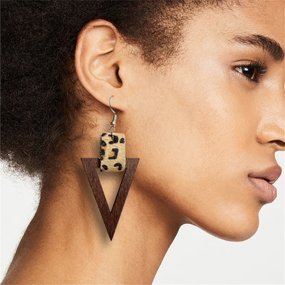 Brown Wood Leopard Triangle Drop Earrings, drop earrings for women, vintage-inspired design, detail close-up