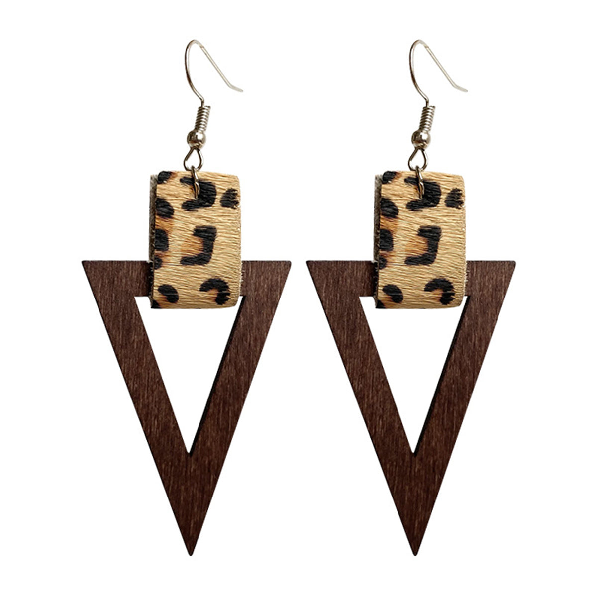 Brown Wood Leopard Triangle Drop Earrings, drop earrings for women, vintage-inspired design, front view