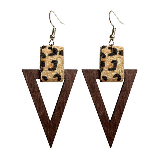 Brown Wood Leopard Triangle Drop Earrings, drop earrings for women, vintage-inspired design, front view