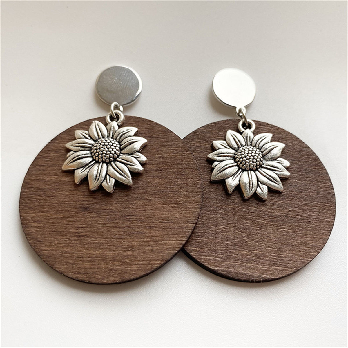 Wood and Silver-Plated Sunflower Drop Earrings, silver drop earrings for women, vintage-inspired design, front view