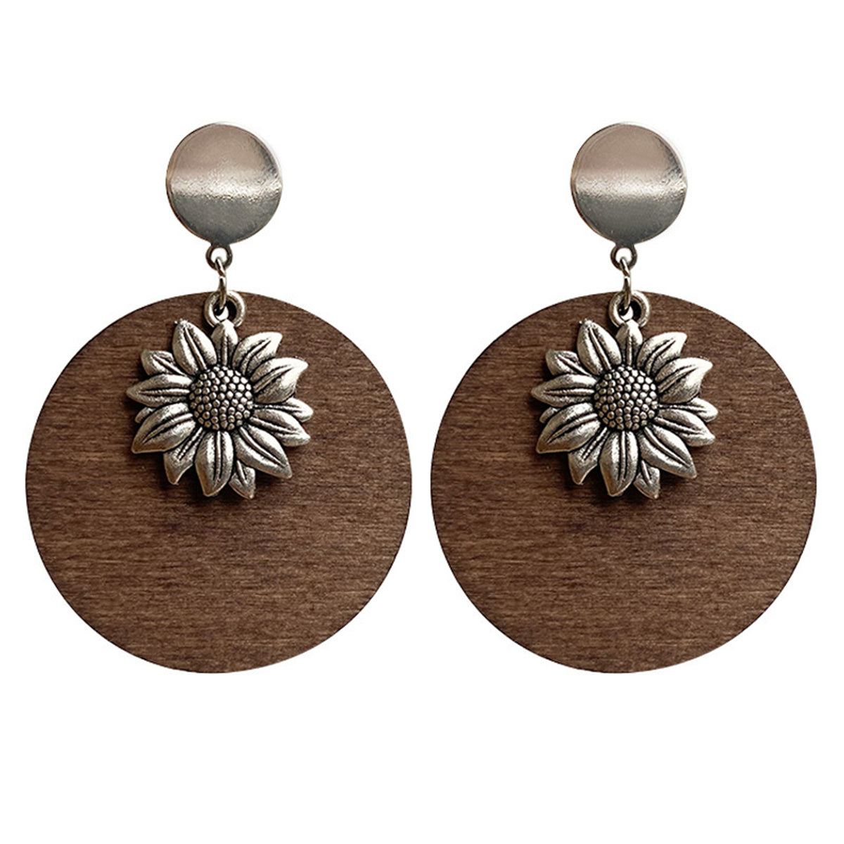 Wood and Silver-Plated Sunflower Drop Earrings, silver drop earrings for women, vintage-inspired design, side view