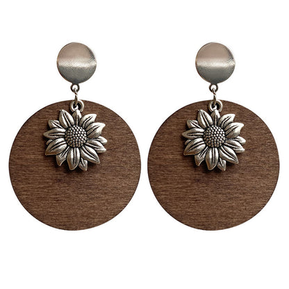 Wood and Silver-Plated Sunflower Drop Earrings, silver drop earrings for women, vintage-inspired design, side view