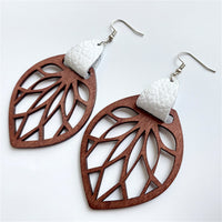 White Faux Leather & Wood Leaf Teardrop Earrings
