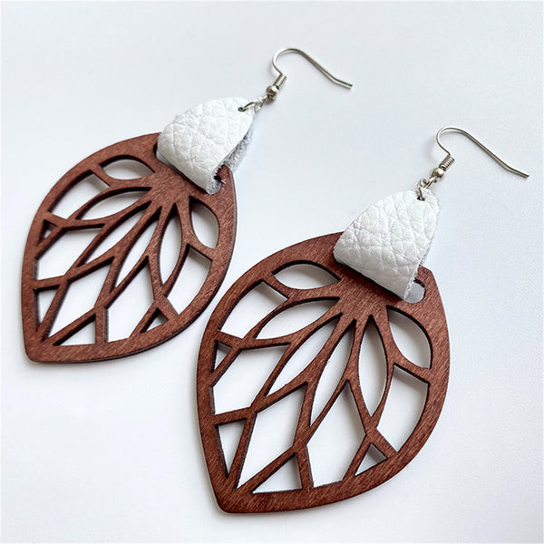 White Faux Leather & Wood Leaf Teardrop Earrings