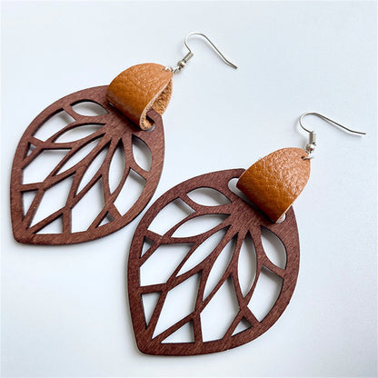 Brown Polystyrene and Wood Leaf Teardrop Earrings, drop earrings for women, everyday style, front view