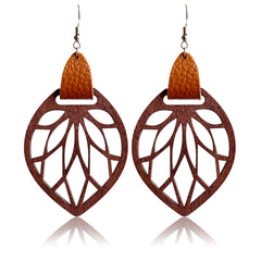 Brown Polystyrene & Wood Leaf Teardrop Earrings