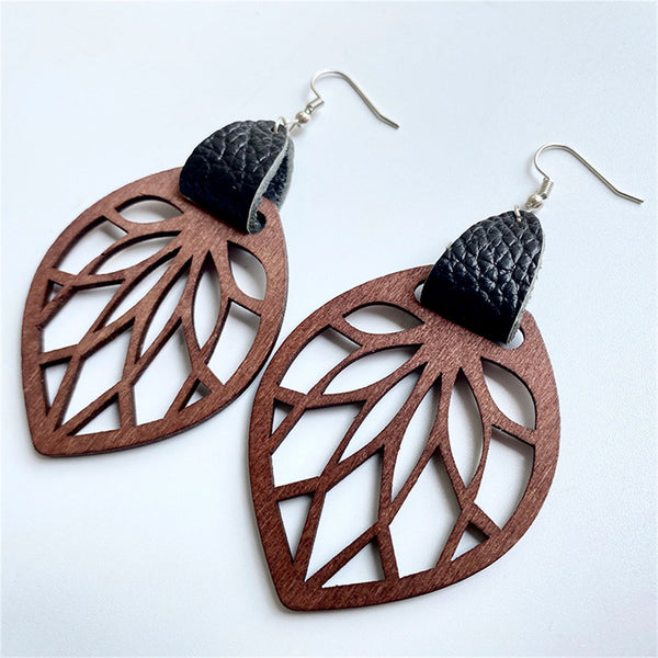Black Faux Leather & Wood Leaf Teardrop Earrings