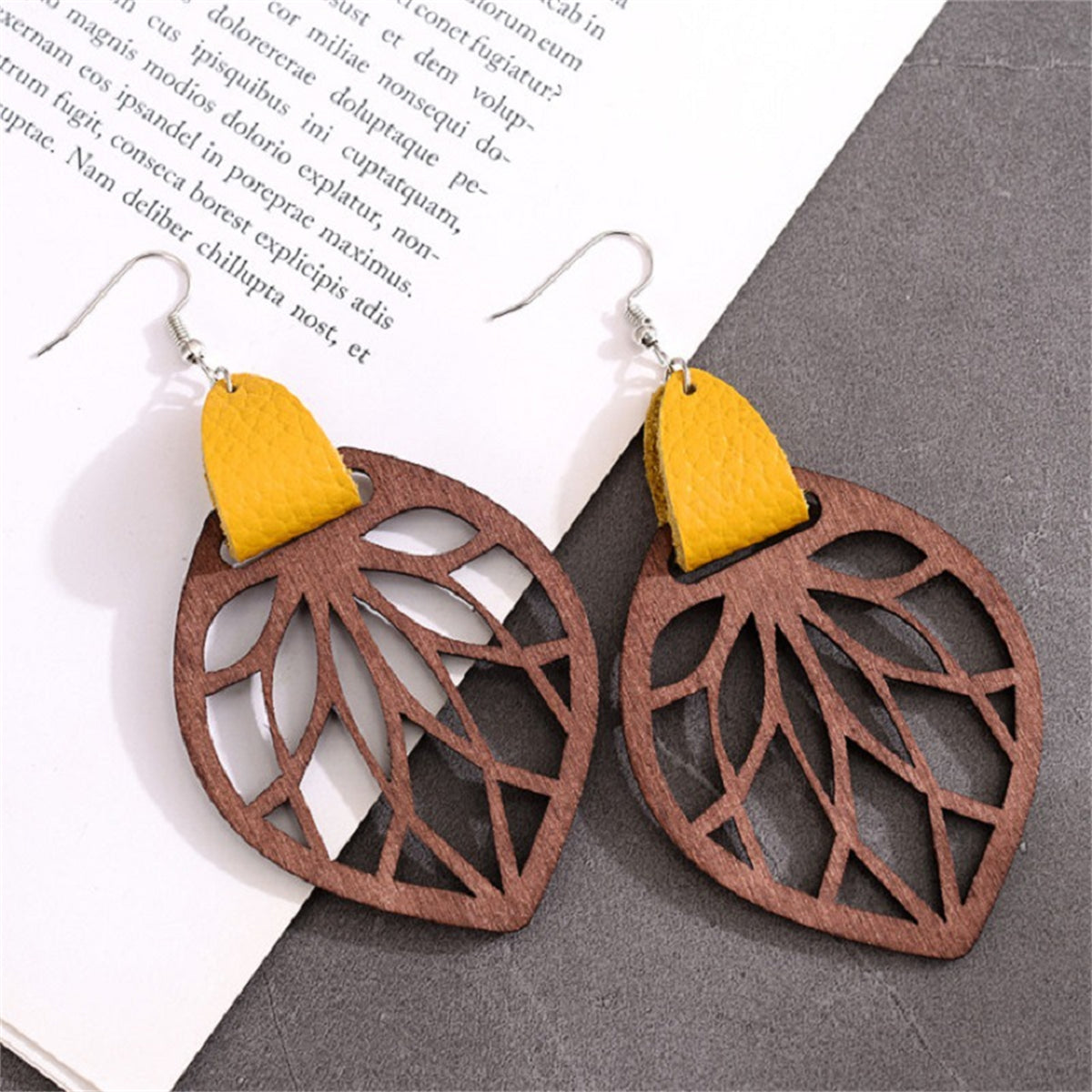 Yellow Polystyrene and Wood Silver-Plated Leaf Drop Earrings, silver drop earrings for women, front view