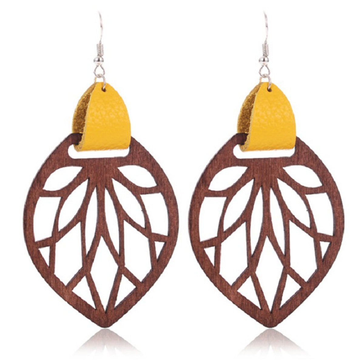 Yellow Polystyrene and Wood Silver-Plated Leaf Drop Earrings, silver drop earrings for women, side view