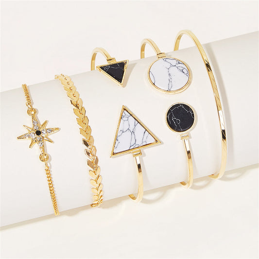 Turquoise and Cubic Zirconia 18K Gold-Plated Sun Charm Cuff Bracelet Set, jewelry gift sets for women, front view