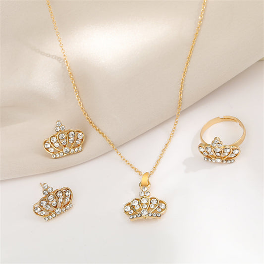 Cubic Zirconia and 18K Gold-Plated Crown Jewelry Set, gold stud earrings for women, vintage-inspired design, front view