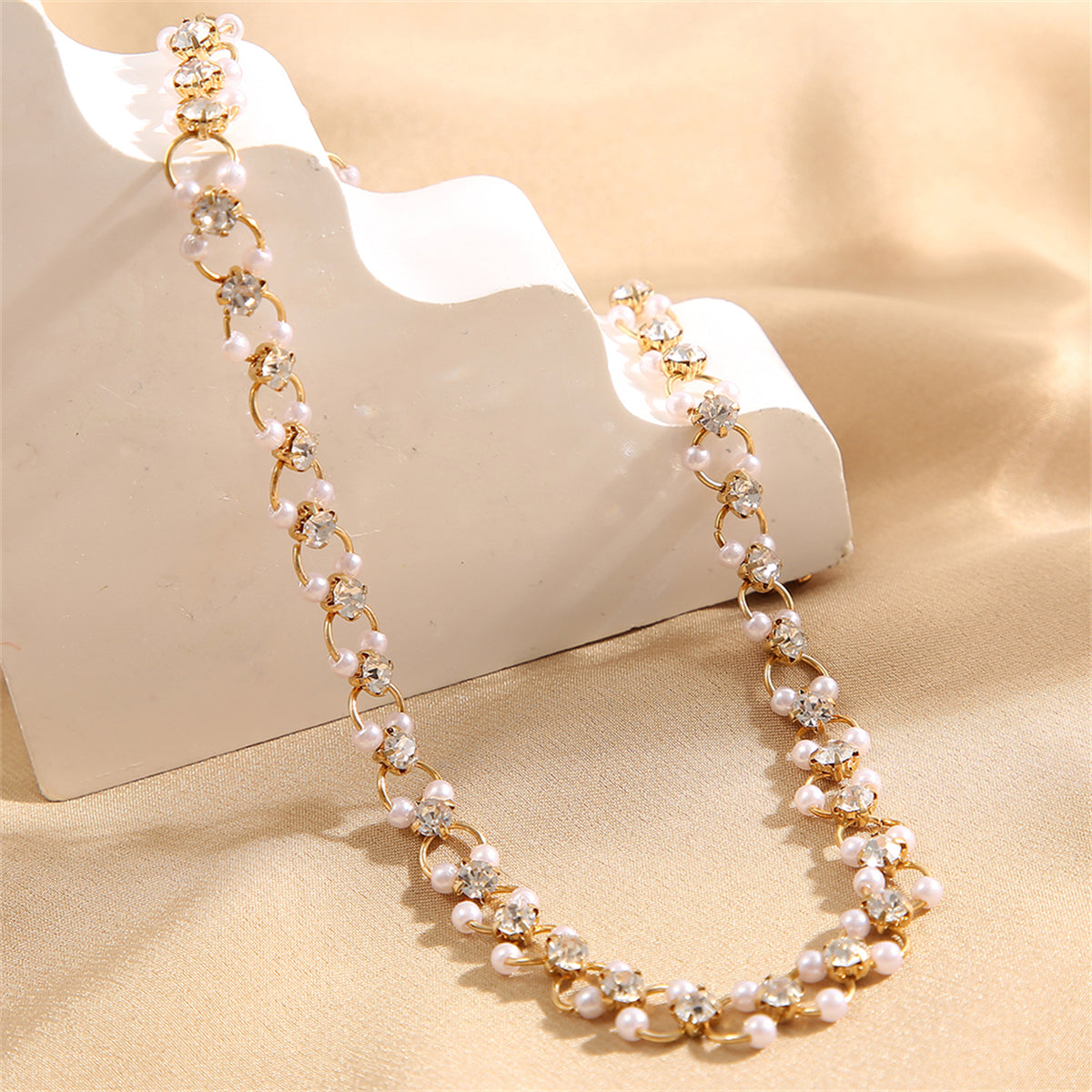 Cubic Zirconia & Pearl 18K Gold-Plated Curb Chain Choker Necklace