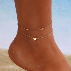 18K Gold-Plated Heart Charm Anklet & Station Anklet Set