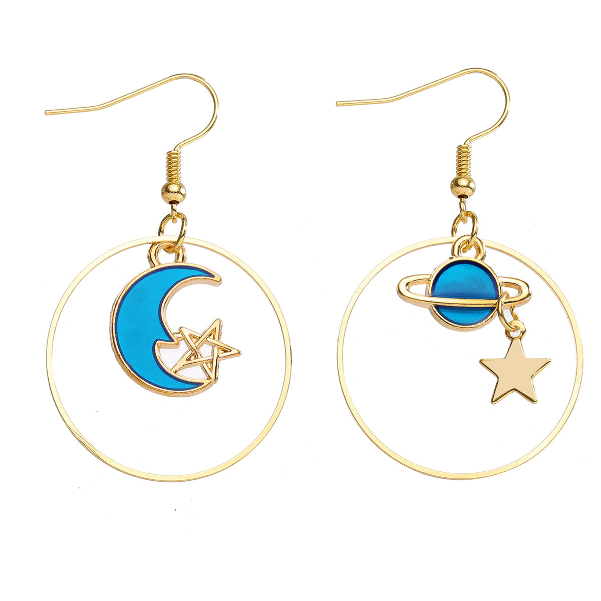 Blue Enamel and 18K Gold-Plated Celestial Drop Hoop Earrings, gold drop earrings for women, side view