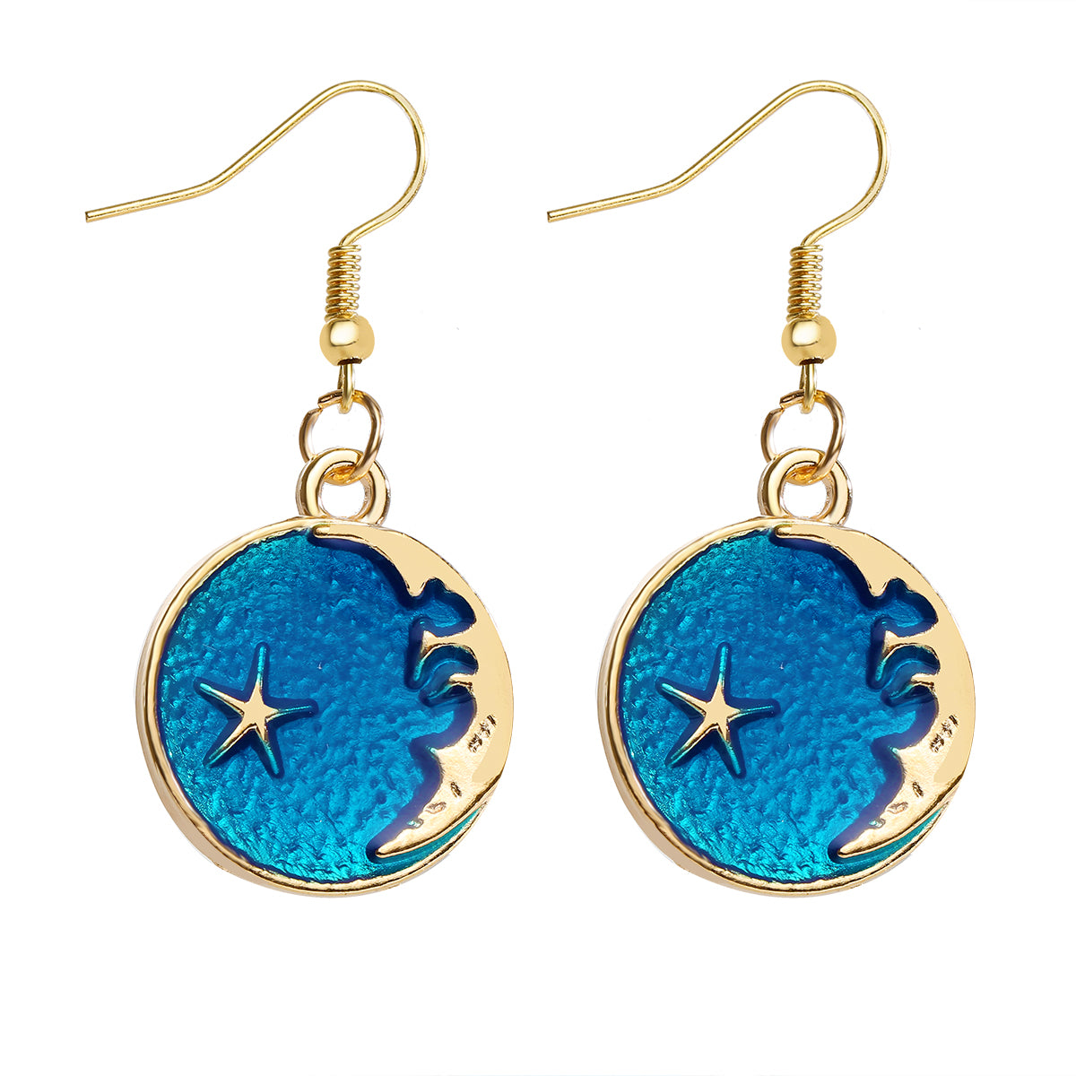 Blue Enamel and 18K Gold-Plated Moon Drop Earrings, gold drop earrings for women, everyday style, side view