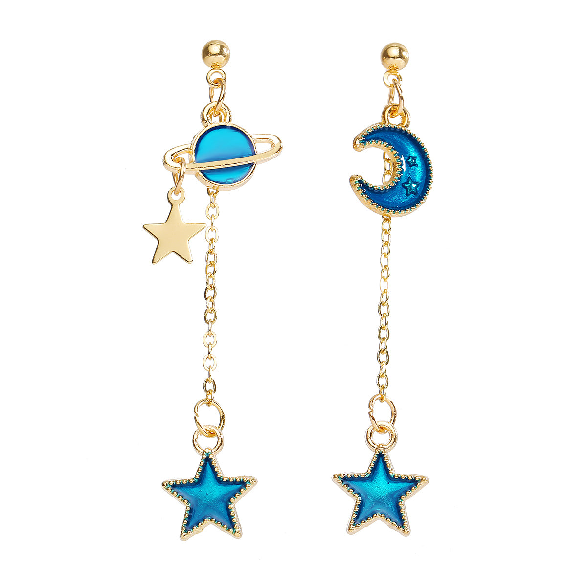 Blue Enamel and 18K Gold-Plated Star Planet Drop Earrings, gold drop earrings for women, dainty minimalist design, side view
