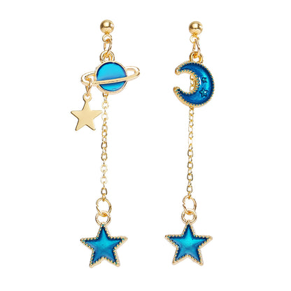 Blue Enamel and 18K Gold-Plated Star Planet Drop Earrings, gold drop earrings for women, dainty minimalist design, side view