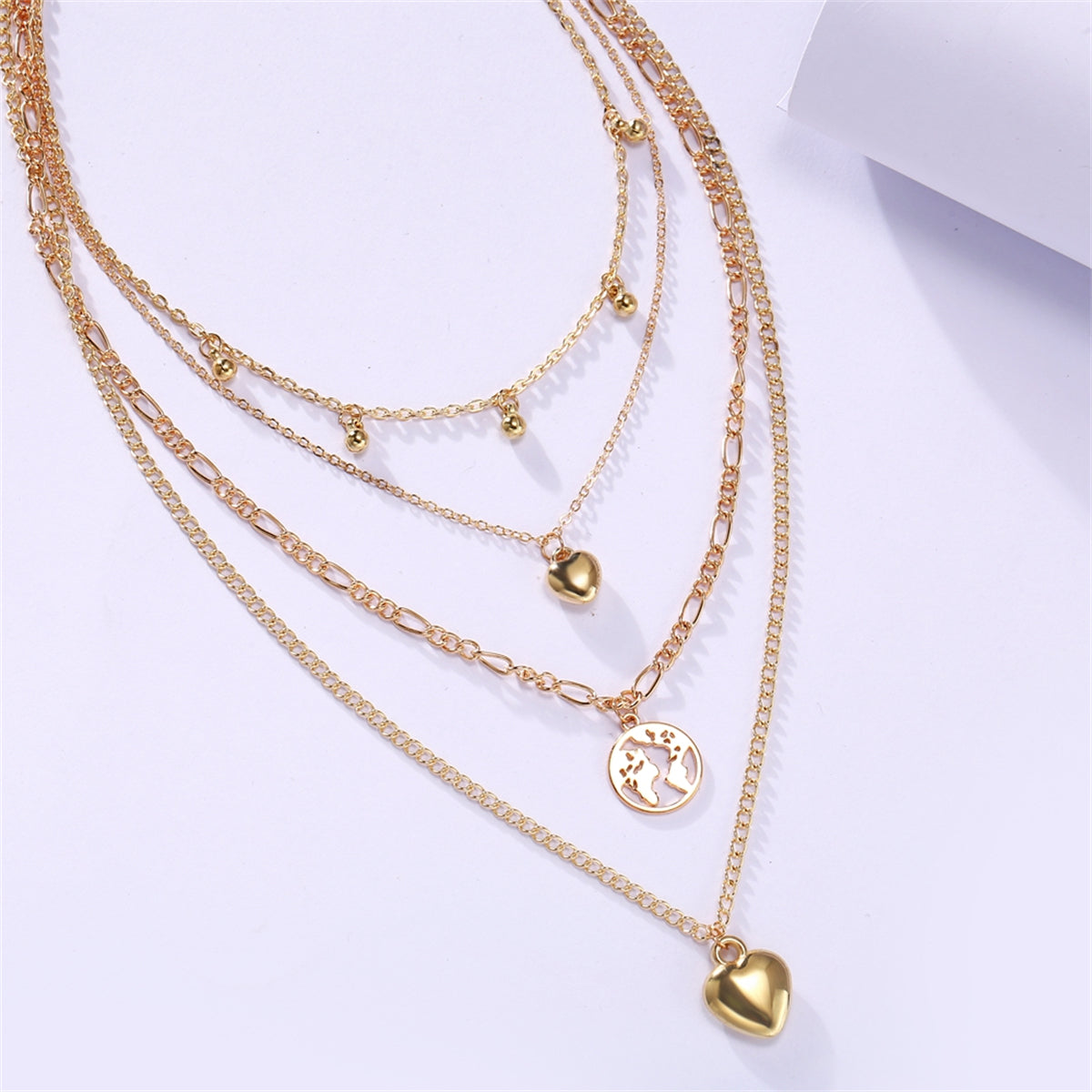 18K Gold-Plated Heart Map Layered Pendant Necklace, gold pendant necklace for women, detail close-up