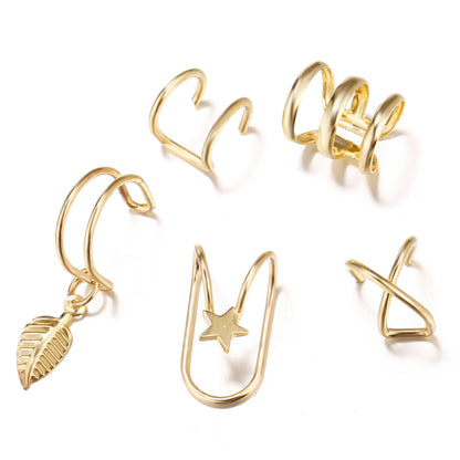 18K Gold-Plated Star Leaf Ear Cuff Set, gold stud earrings for women, dainty minimalist design, front view