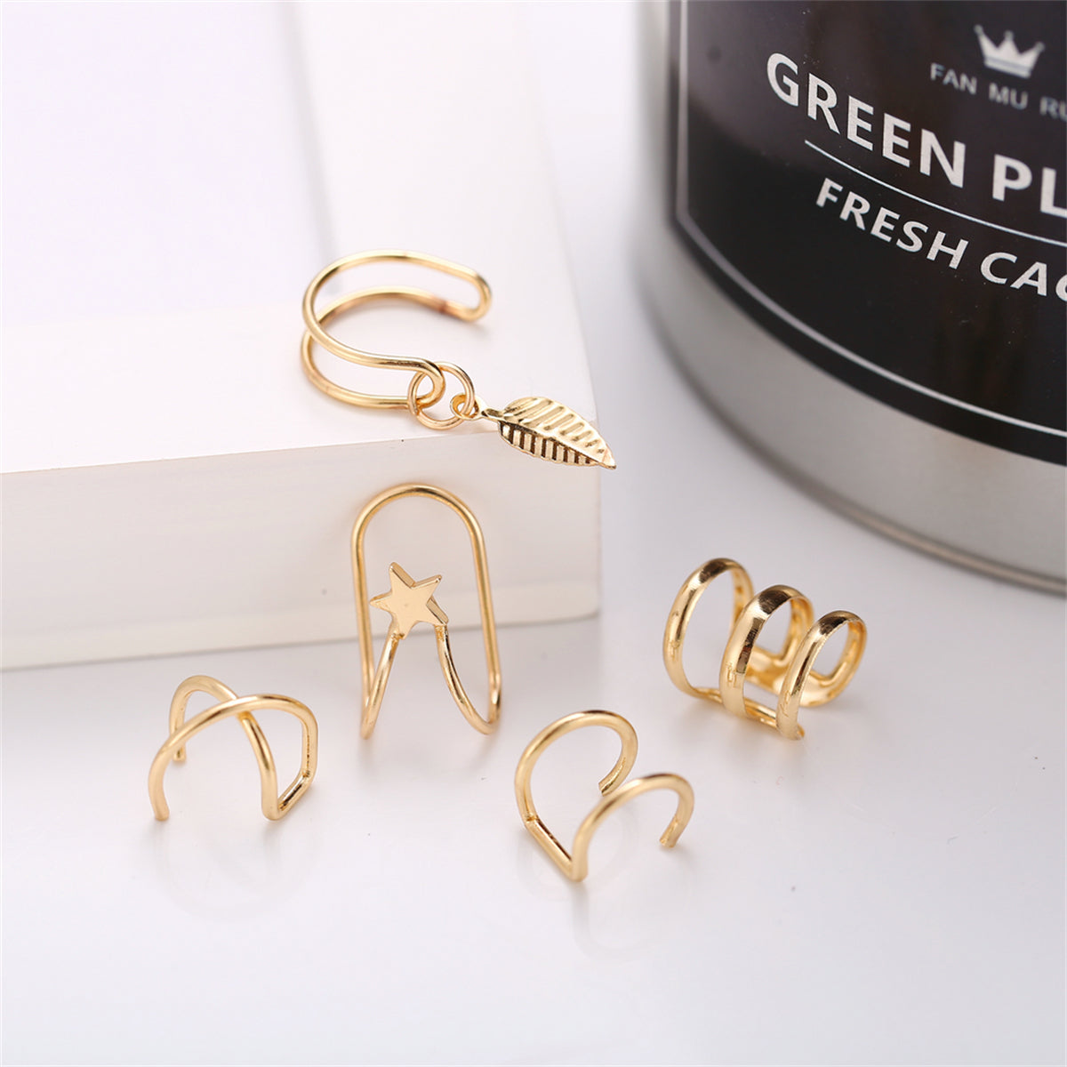 18K Gold-Plated Star Leaf Ear Cuff Set, gold stud earrings for women, dainty minimalist design, side view