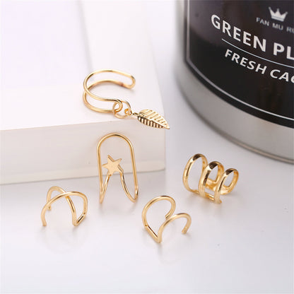 18K Gold-Plated Star Leaf Ear Cuff Set, gold stud earrings for women, dainty minimalist design, side view