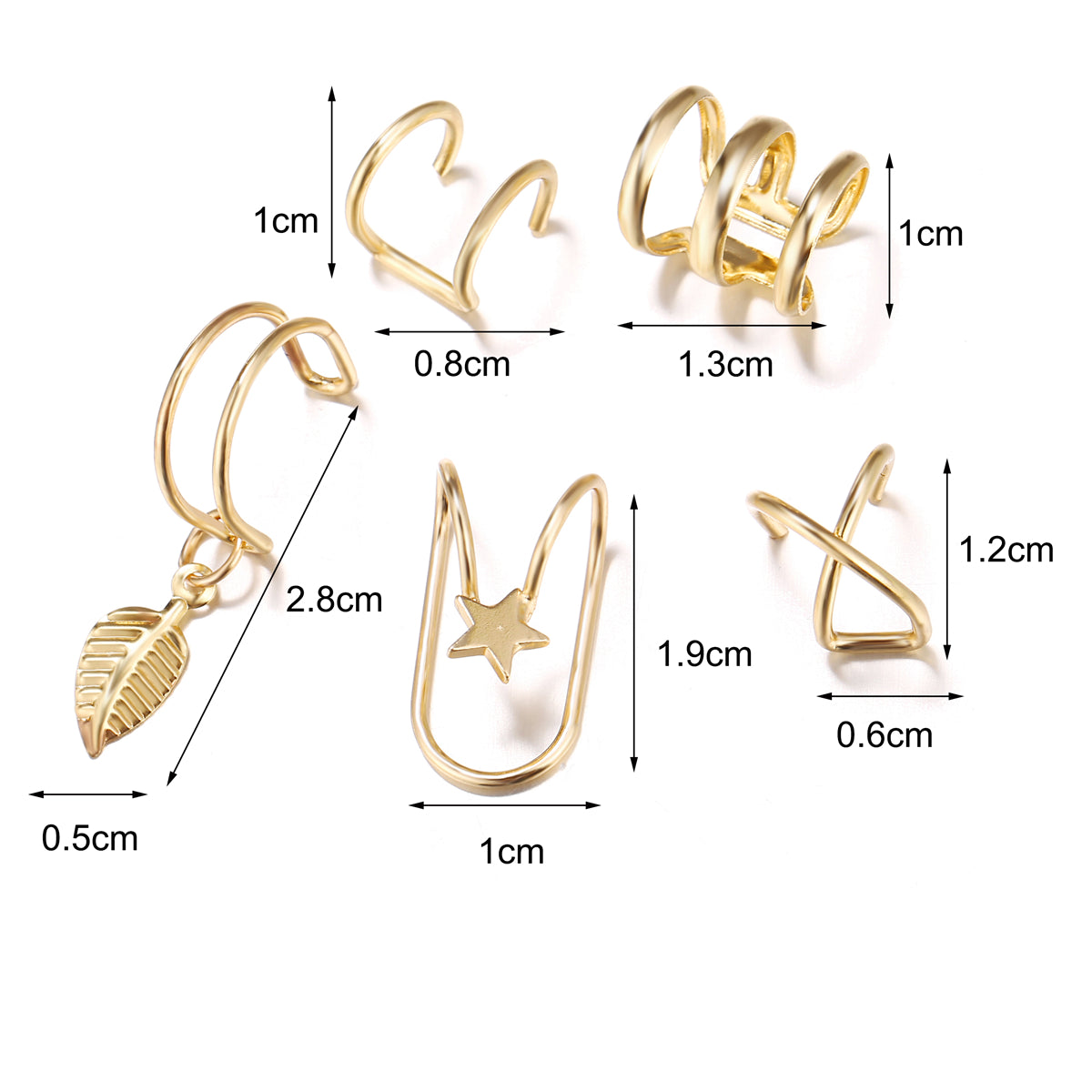 18K Gold-Plated Star Leaf Ear Cuff Set, gold stud earrings for women, dainty minimalist design, detail close-up