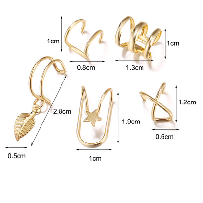 18K Gold-Plated Star Leaf Ear Cuff Set, gold stud earrings for women, dainty minimalist design, detail close-up