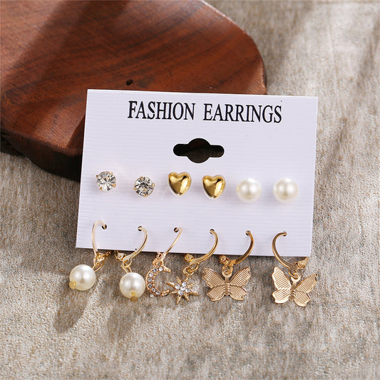Pearl and Cubic Zirconia 18K Gold-Plated Celestial Butterfly Earrings Set, gold stud earrings for women, front view