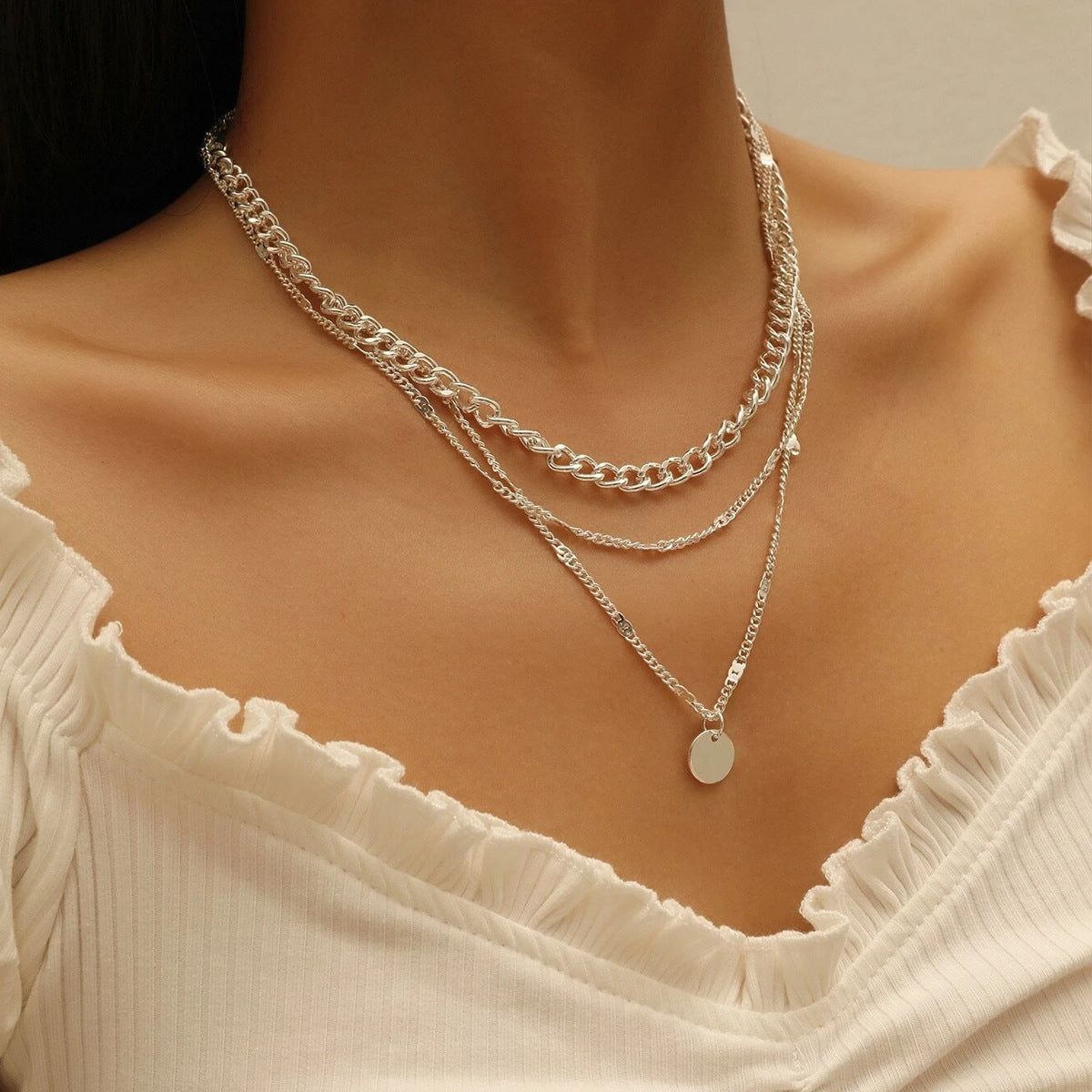 Silver-Plated Curb Chain Layered Pendant Necklace, silver pendant necklace for women, vintage-inspired design, front view