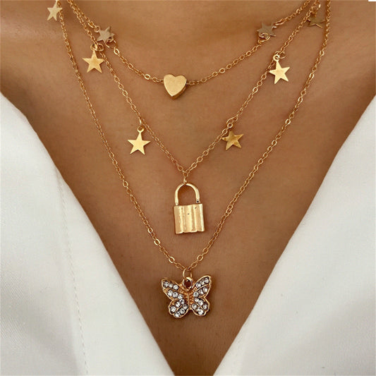 Cubic Zirconia and 18K Gold-Plated Butterfly Layered Pendant Necklace, gold pendant necklace for women, front view