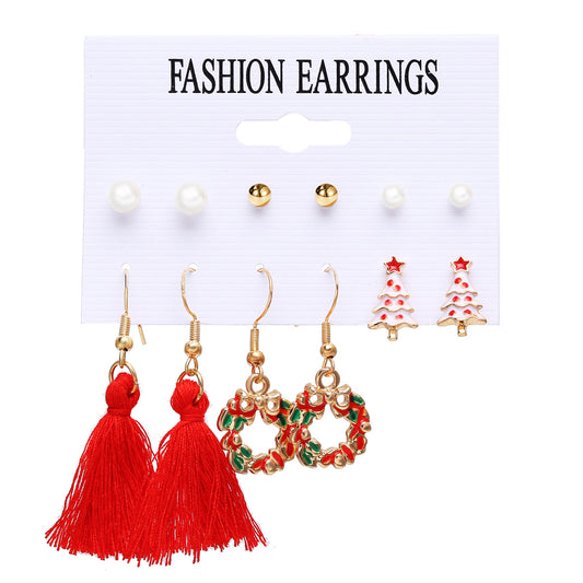 Pearl and Enamel 18K Gold-Plated Christmas Tree Earrings Set, gold stud earrings for women, elegant gift for her, front view