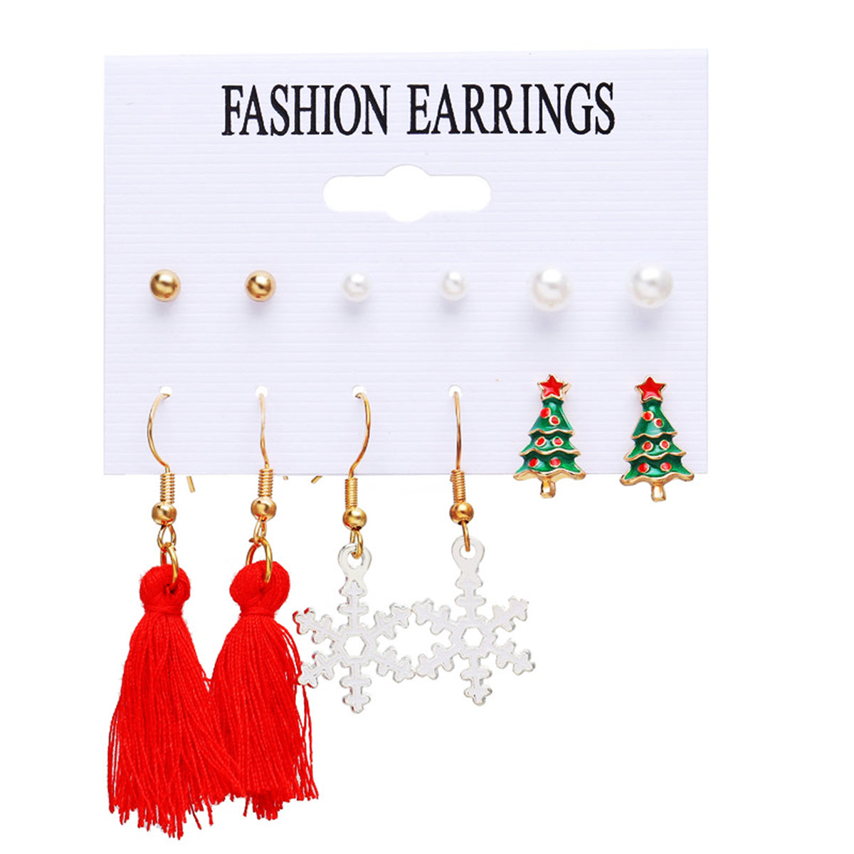 Pearl and Polyster 18K Gold-Plated Snowflake Holiday Earring Set, gold stud earrings for women, front view