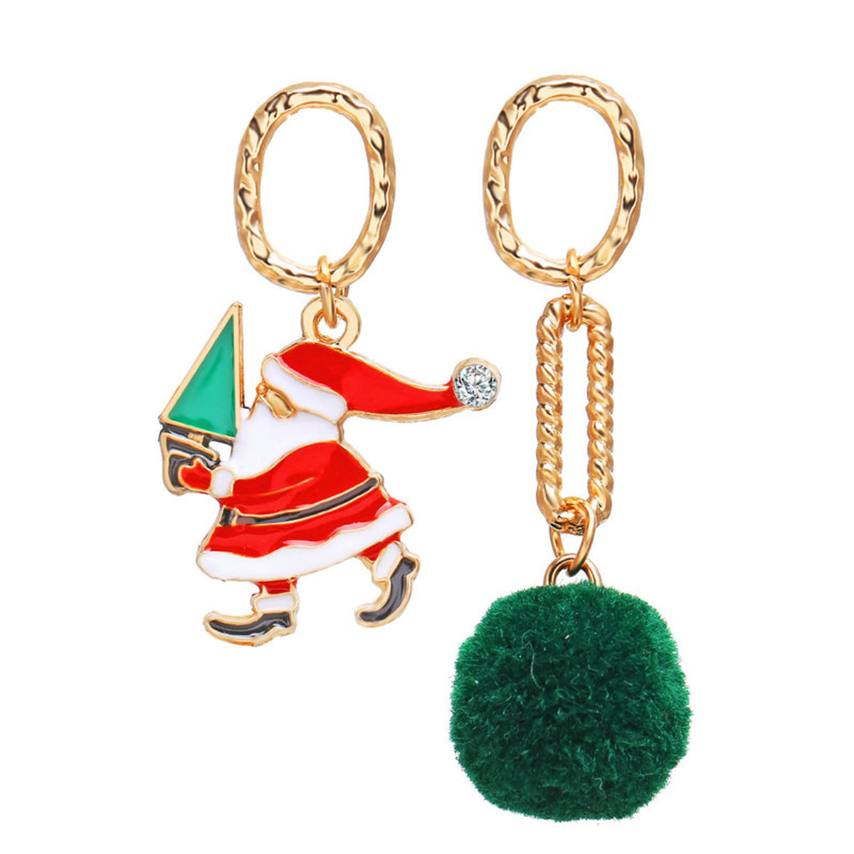 Cubic Zirconia and Green Pom-Pom Santa Mismatched Drop Earrings, drop earrings for women, vintage-inspired design, front view