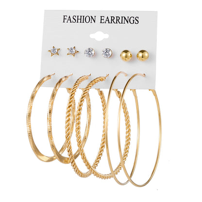 Cubic Zirconia and 18K Gold-Plated Hoop Earrings Set, gold stud earrings for women, botanical inspired, front view