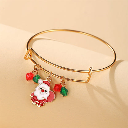 Green and Red Beaded Santa Adjustable Charm Bangle, bangle bracelet, vintage-inspired design, front view